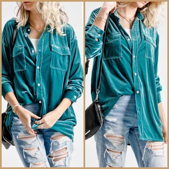 ⚜ Green Velvet Double Pocket Shirt - Picture 1 of 11
